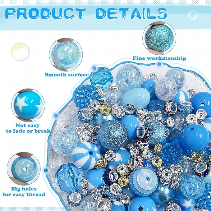 163 Pcs Pen Beads for Beadable Pens: Bubblegum Beads for Pen Making Bulk with Spacer Bead Rhinestone Bead (Blue)