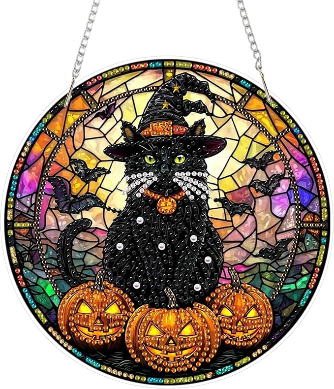 SENQAO Halloween Diamond Art Hanging Kits for Adults Beginners, DIY Acrylic 5D Special Shaped Crystal Diamond Gem Art Painting Hanging Ornament for Home Wall Decor and Gift（Black Cat Pumpkin Bat）