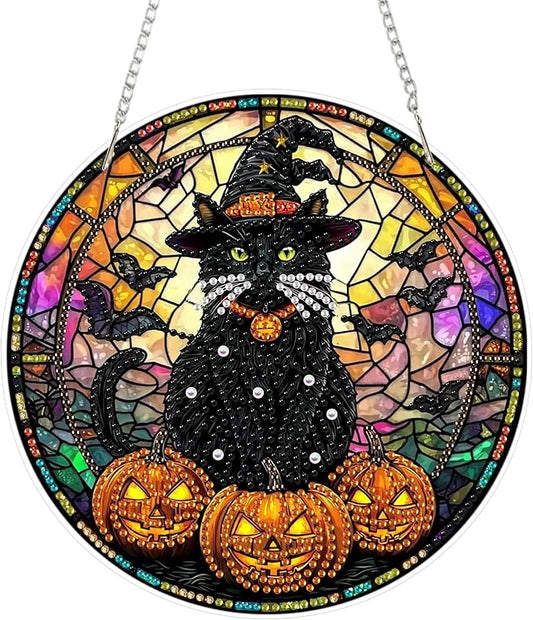 SENQAO Halloween Diamond Art Hanging Kits for Adults Beginners, DIY Acrylic 5D Special Shaped Crystal Diamond Gem Art Painting Hanging Ornament for Home Wall Decor and Gift（Black Cat Pumpkin Bat）