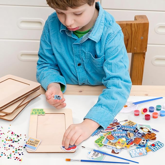 Fovths 12 Packs Father's Day Picture Frame Painting Craft Kit Wooden DIY Photo Frame for 4 x 6 inch Photo with 100 Stickers Rhinestone Stickers 4 Brushes Set for DIY Paint and Decorate