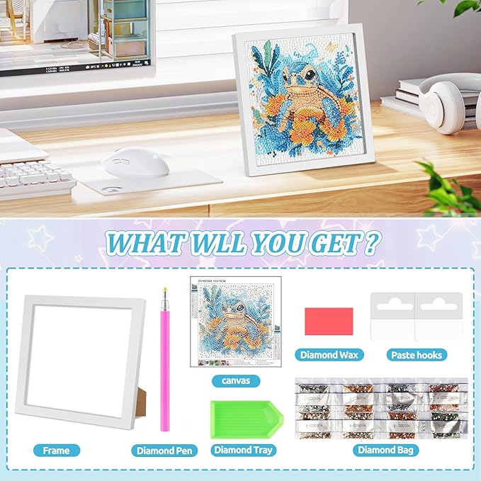SENQAO Turtle Diamond Art Kit for Adults with Frame Art and Crafts for Adults Ages 6-8 -10-12 Easy to DIY Diamond Art for Adults and Adult Beginners Home Wall Decoration 7.1x7.1inch