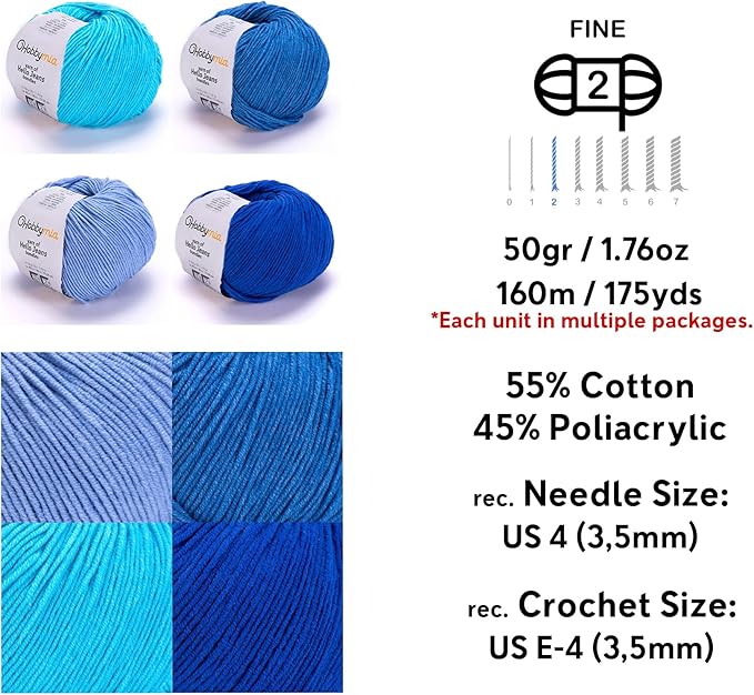 Cotton Yarn Kit - 4 Multicolor Balls Soft Sport Weight Yarn for Crochet & Amigurumi - 50g / 175yds Each & 10 Stitch Markers (H09 - Ocean/Blue)