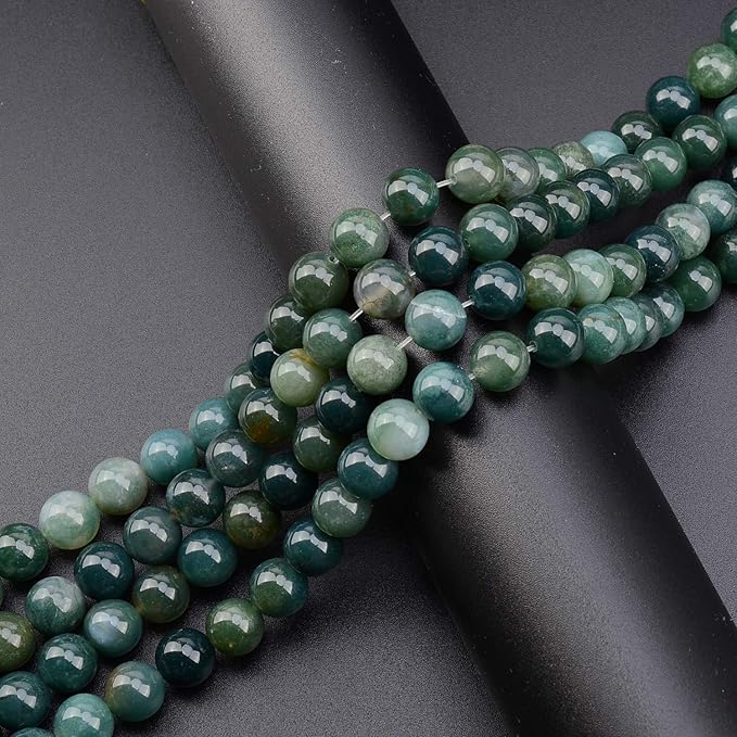 LPBeads 80Pcs Polished 10mm Round Natural Moss Agate Gemstone Loose Beads with Stretch Cord for Jewelry Making Bracelets