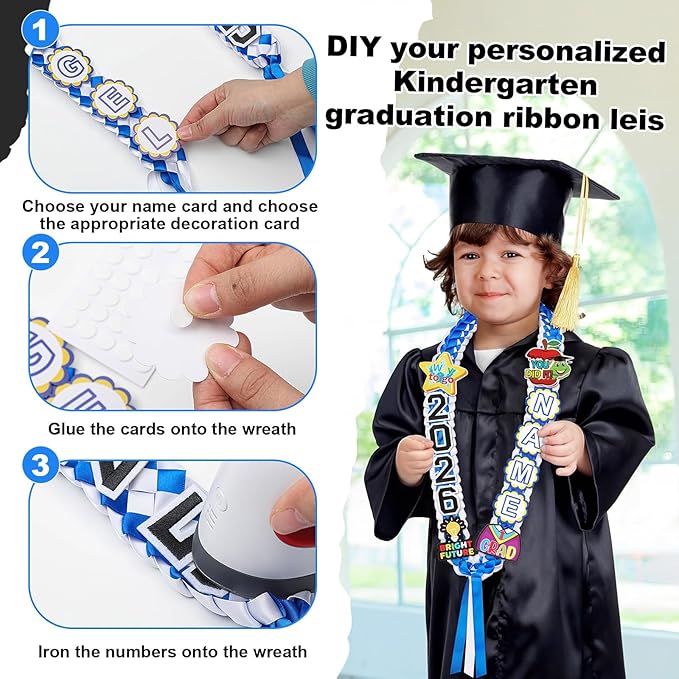 Juexica Kindergarten Graduation Ribbon Leis Class of 2026 Braided Necklace Making Kit with Alphabetic Decorative Cards Preschool Kids Grad Graduation Party Gifts(Blue, White)