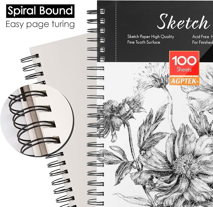 AGPTEK Sketch Book, Art Sketch Book 9''X12, 2 Packs (68lb/100g), Spiral Bound with Easy-to-Remove Pages, Great for Artists, Writers & Illustrators