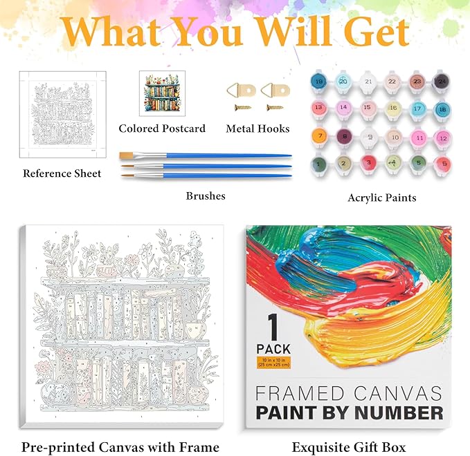 Okarina Framed Paint by Numbers Kit for Adults Beginner Bookshelf, Adult Paint by Number Kits on Canvas Framed, DIY Acrylic Oil Painting by Numbers with Frame, Book for Home Decor Gift 10 X 10 Inch