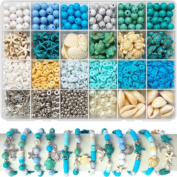 1860Pcs Ocean Beads for Bracelets Making Kit, Blue and White Summer Beach Bead for Jewelry Making, Sea Turtle Shell Starfish Shape Beads 8mm Round Cly Bead for DIY Craft Bracelets Earring (Blue)