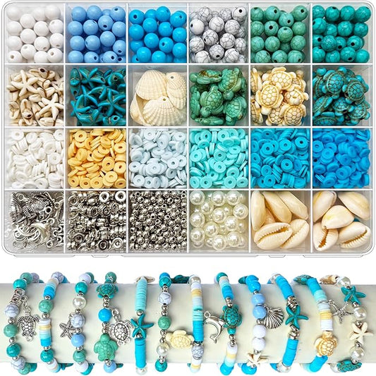 1860Pcs Ocean Beads for Bracelets Making Kit, Blue and White Summer Beach Bead for Jewelry Making, Sea Turtle Shell Starfish Shape Beads 8mm Round Cly Bead for DIY Craft Bracelets Earring (Blue)