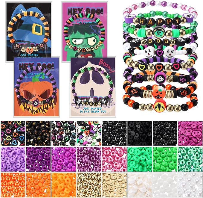 Ferreve 2485 Pcs Halloween Beads for Bracelets, Clay Beads Colorful Friendship Bracelet Making Kit with Thanks Card DIY Halloween Decoration Gifts Charms Jewelry Crafts Kit for Class Party Supplies