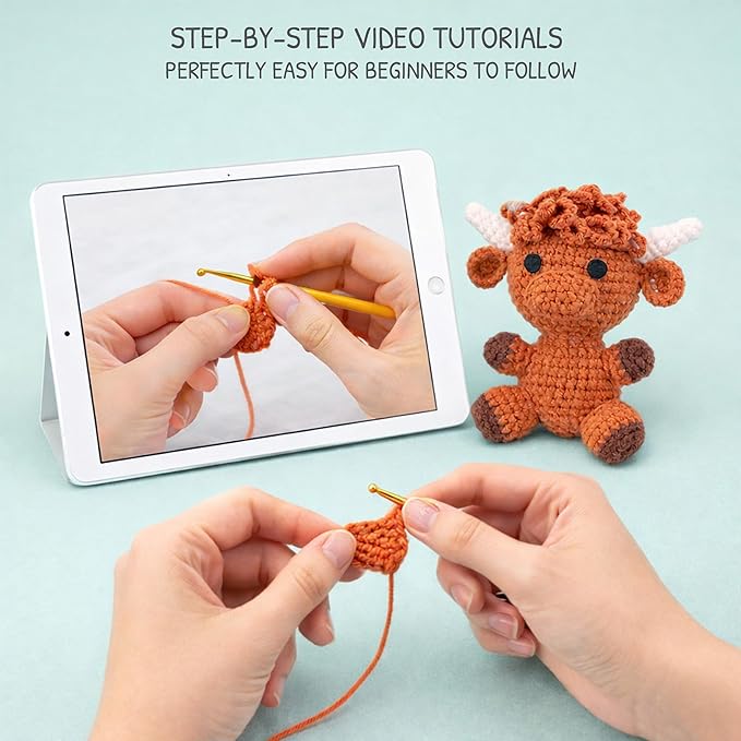 HOUSE CREATIVITY Beginner Crochet Kit for Adults, Beginners Crocheting Knitting Kit with Yarn Sets, Step-by-Step Video Tutorials,Animal Craft Kit, Holiday Birthday Gifts(Cows)