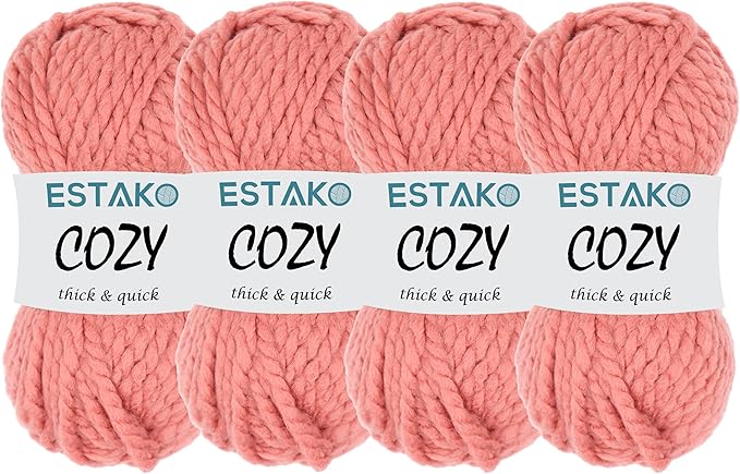 Estako Cozy Thick & Quick Yarn (4 Skeins Pack) 20% Wool 80% Acrylic Soft Super Bulky Weight #6 Knitting and Crocheting Yarn (4 x 3.52 Oz) / (4 x 65 Yrds) (52098-Coral)