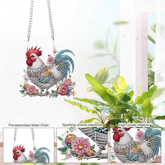 5D DIY Diamond Painting Pendant Kit – Rooster with Floral Design, Handmade Acrylic Diamond Art Hanging Ornament for Wall Window Home Decoration and Gift