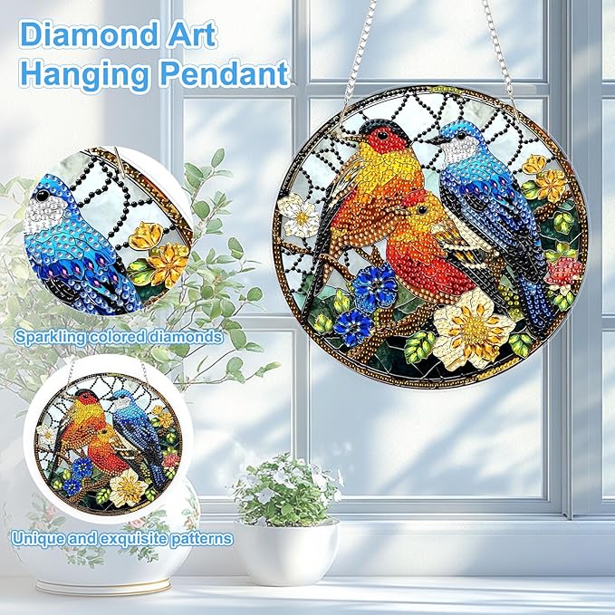 TOSTOG Diamond Art Hanging Kits for Adults, 5D Diamond Painting for Adults Window Pendant, Special Shape Diamonds DIY Bird Flower Diamond Painting Hanging Pendant Kit for Wall Decor Gift