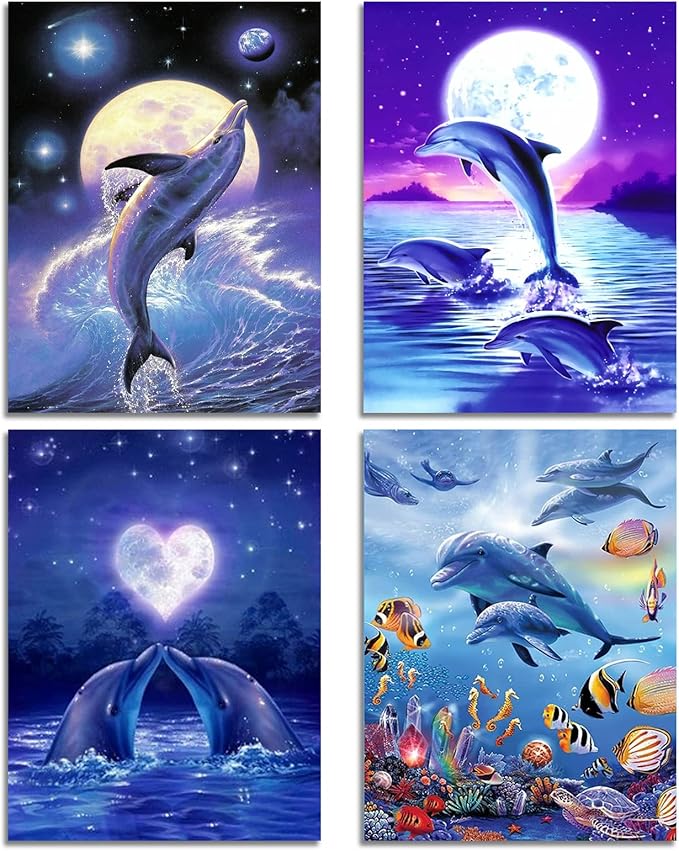 Muzagroo Art 4 Pack Diamond Paintings Kits for Adults 5D Diamond Art DIY with Round Full Drill Diamonds for Beginners Dolphins Diamond Wall Art for Living Room