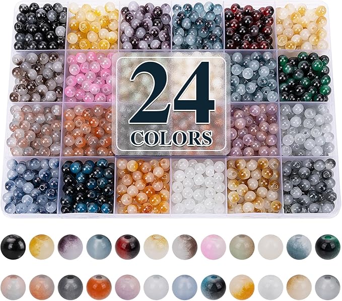 XSEINO About 1200+ pcs 6mm Glass Beads Bracelet Making Kit, 24 Assorted Black and White Bi-Color Fusion Series Crystal Beads for Jewelry Making, DIY Crafts, Friendship Bracelets