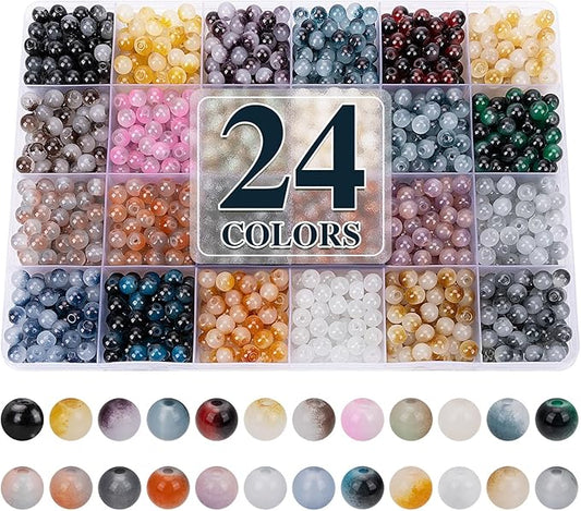 XSEINO About 1200+ pcs 6mm Glass Beads Bracelet Making Kit, 24 Assorted Black and White Bi-Color Fusion Series Crystal Beads for Jewelry Making, DIY Crafts, Friendship Bracelets