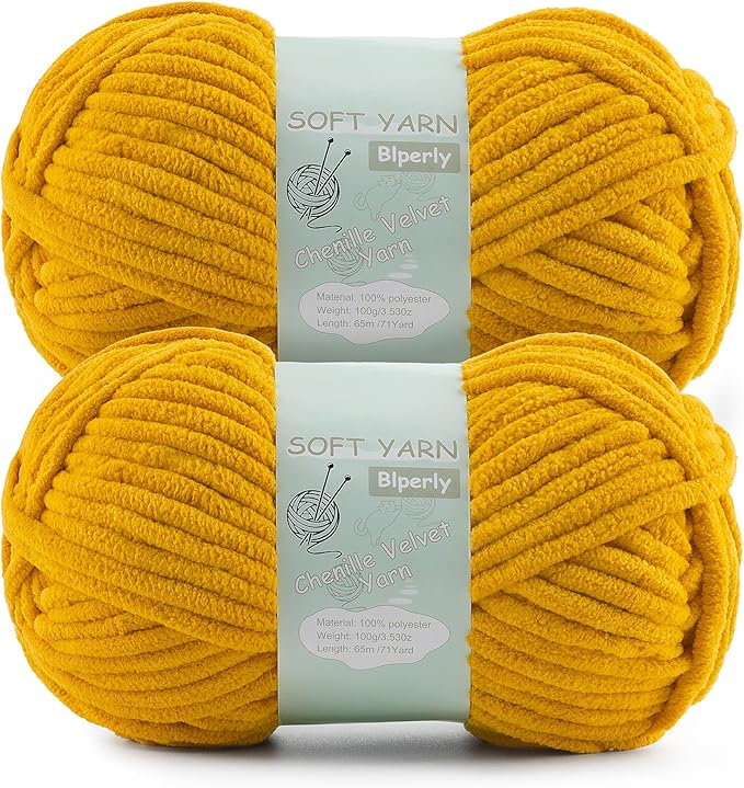 Chunky Chenille Yarn Velvet Soft Super Bulky Size 6 for Crocheting Knitting, Baby Blanket Yarn, 100g 71 Yds per Skein, Easy to Use for Scarves, Amigurumi, Crafts (2, Turmeric)