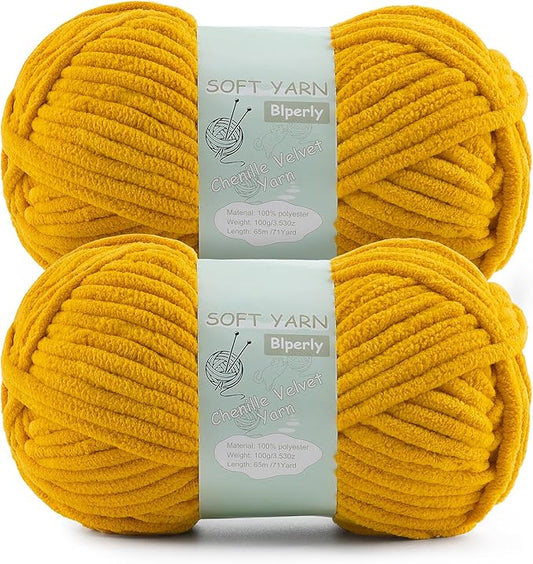 Chunky Chenille Yarn Velvet Soft Super Bulky Size 6 for Crocheting Knitting, Baby Blanket Yarn, 100g 71 Yds per Skein, Easy to Use for Scarves, Amigurumi, Crafts (2, Turmeric)