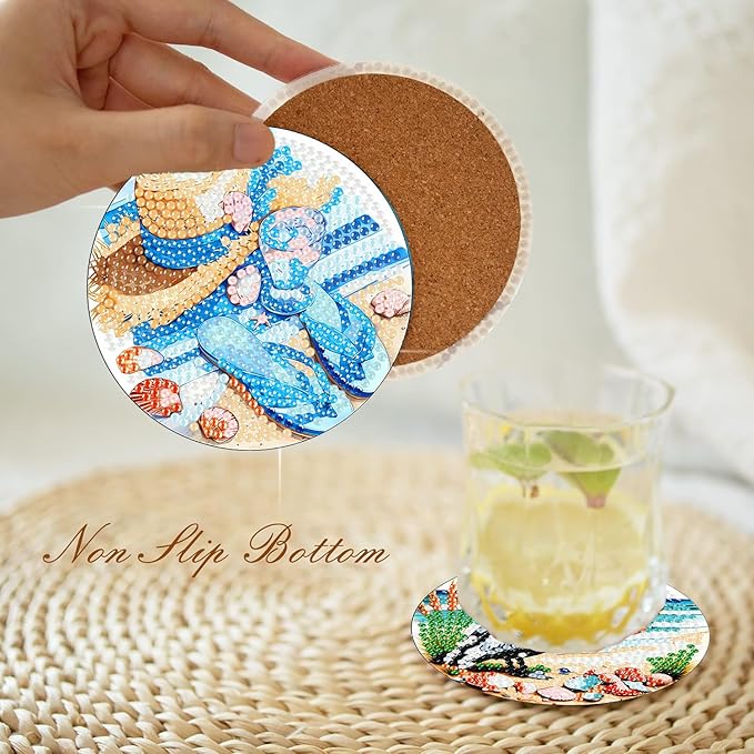 8 Pcs Beach Diamond Art Coasters Kit with Holder, DIY Beach Diamond Painting Coasters for Beginners Adults, Non Slip Diamond Art Kits Craft Supplies 4x4inch