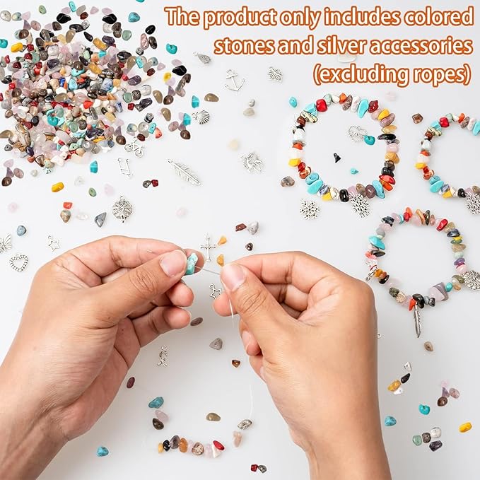 Natural Chip Stones for Bracelet - 400pcs 5mm to 8mm Gemstones Healing Loose Rocks Bead Hole Drilled DIY with 30pcs Silver Charms for Bracelet Necklace Earrings Jewelry Making Craft