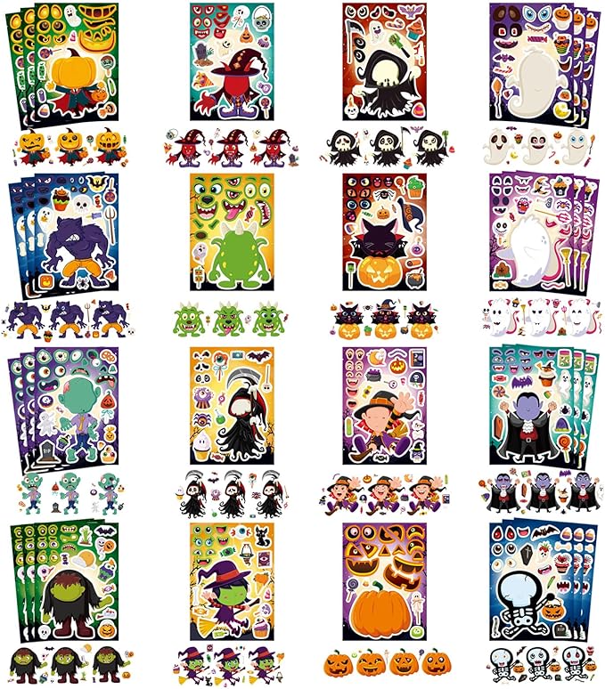 48 sheets halloween make a face stickers for kids, 16 design make your own character mix and match stickers sheets halloween party favor