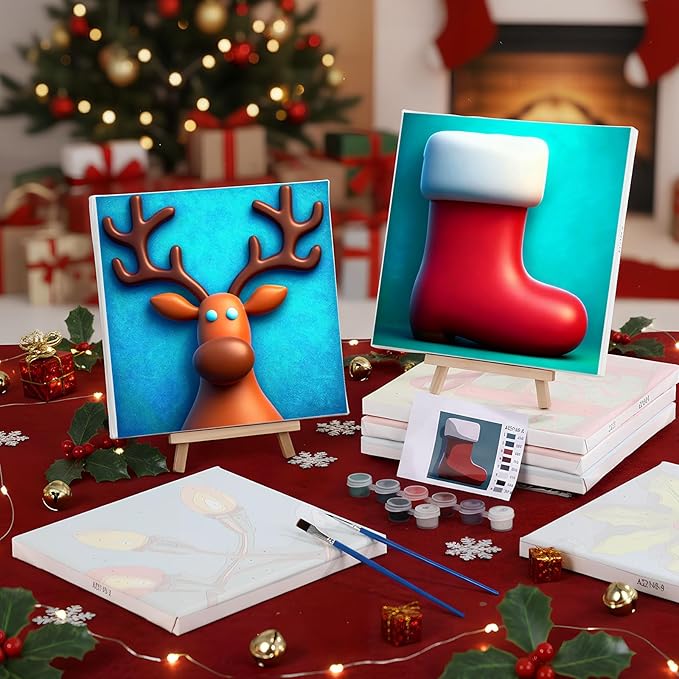 Nezyo 12 Sets Christmas Paint by Numbers Kit with Frame for Adult Beginners, Paint by Number DIY Acrylic Painting Canvas for Painting Party, Classroom Activity Birthday Gift, 8 x 8 Inch