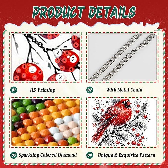 EMIEAUFG Christmas Diamond Art Hanging Kit for Adult, Winter Cardinal Diamond Art Pendants, Double Sided Acrylic & 5D Special Shaped Rhinestone, Christmas DIY Ornament for Windows Home Garden