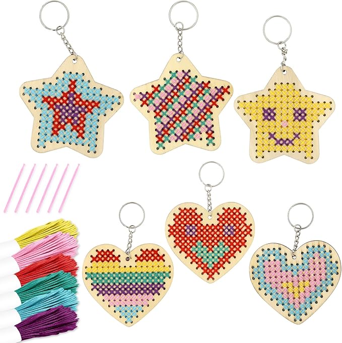 VKPI Wooden Cross Stitch Kits for Kids, Make Your Own 6 Cross Stitching Keyrings, Wood Sewing Kit, Arts & Crafts Stars, Hearts Ornaments, Plastic Needle Embroidery Kit for Beginners, Girls, 6-13
