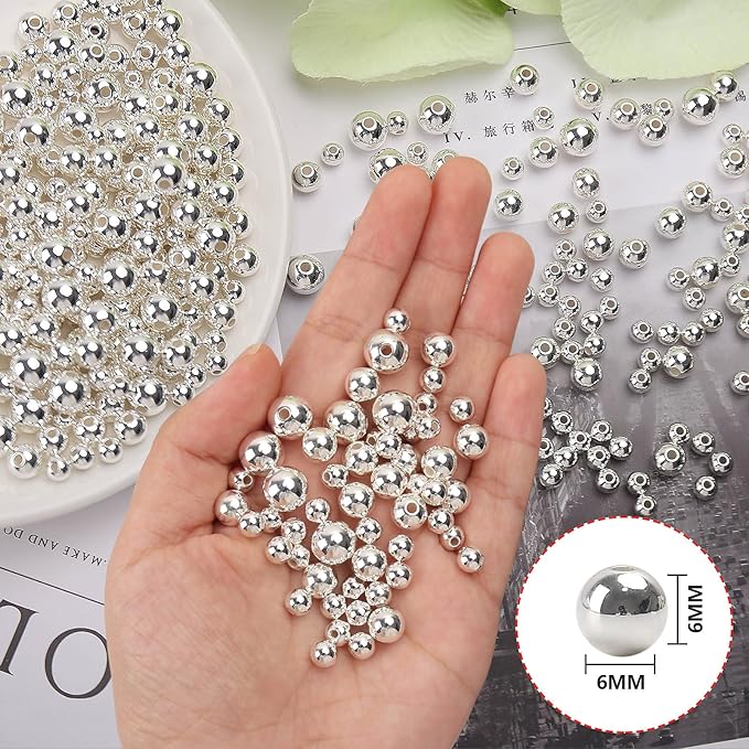 bonny boxx quality glossy abs imitation pearl beads with hole 6/8/10mm round plastic acrylic spacer bead for diy craft jewelry making supplies (silver, 6mm, 700pcs)