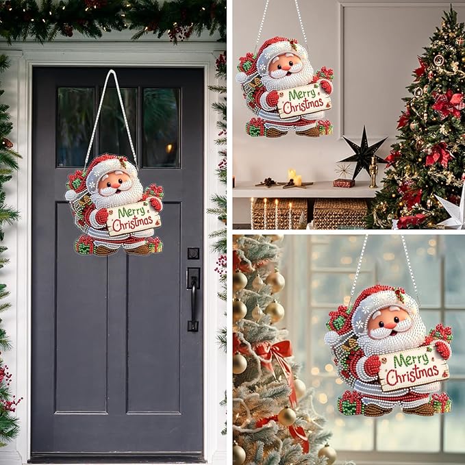 MEIYUDA Christmas Santa Claus Diamond Art Hanging Kits for Adult, Merry Christmas Diamond Painting Kits Ornaments, DIY Special Shaped Rhinestone Window Pendants kit for Home Garden Wall Decor Gift