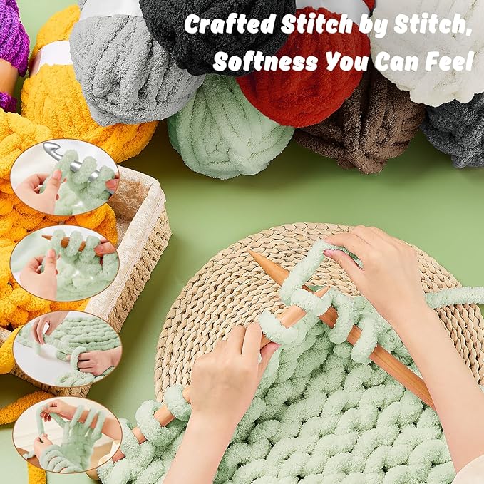 Inhand 8 Pack Chunky Chenille Yarn for Crocheting–30.6 Yards, 7.7oz, Soft Fluffy Thick Yarn, Gifts for Women/Grandma Birthday Christmas Unique, Hand Knitting for Blankets & DIY Crafts (Sage Green)