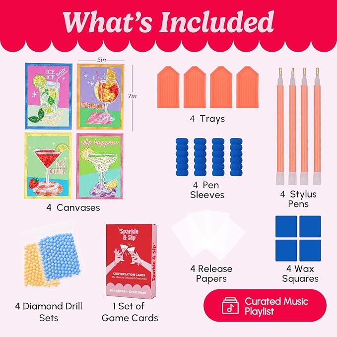 HOUSE OF PARTY Diamond Art Paintings | Girls Night Diamond Art Kit for Adults | Fun & Easy Craft Kit with Conversation Cards, Curated Music Playlist, and Wood Frames for Ready-to-Hang Art