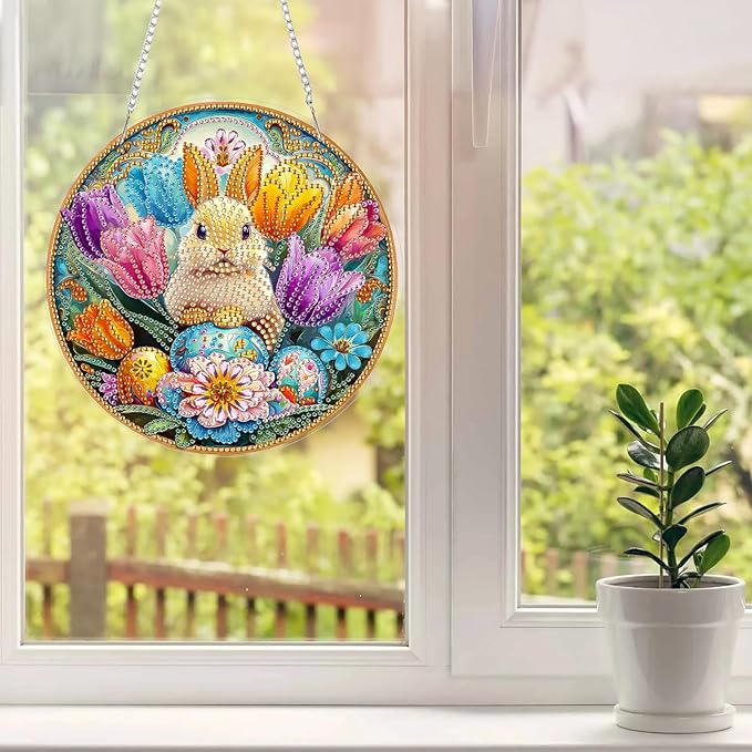 MAXBYE Easter Diamond Art Painting Kits Hanging Cute Rabbit Pendant, DIY 5D Special Shaped Tulips Gem Art Craft Diamond Dots for Adults and Home Window Door Decor 8×12Inch
