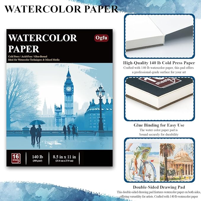 Water Color Paper 8.5 x 11, Water Color Sketch Books 16 Sheets (32 Pages), Cold Pressed 140 lb Watercolor Paper Pad, 300gsm Thick Paper for Watercolor Painting, Drawing & Art Supplies.