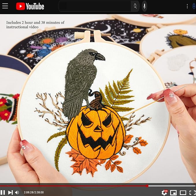 Crafmanoe Halloween Embroidery Starter Kits for Beginners Adults, Fall Pumpkin Stamped Cross Stitch Kits for Beginners Adults, Crow Gothic Embroidery Needlepoint Kits, Hoops, Fabric and Video Tutorial