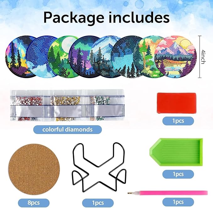 igoodom 8 Pcs Diamond Art Coasters Kit with Holder, DIY Landscape Diamond Painting Coasters for Beginners Adults, Non Slip Diamond Art Kits Craft Supplies 4x4inch