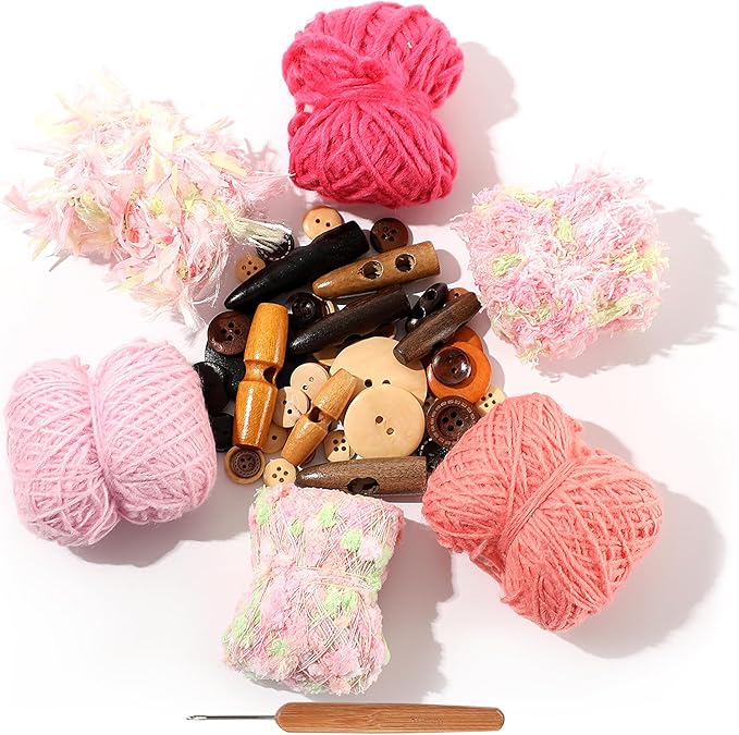Hand Spun Art Yarn Kit - 6 Skeins 525 Yard Vintage Style Blended Fibers with Wood Buttons & Crochet Hook for Knitting, Crochet, Textile Decorative, Tassels, Jewelry Making, Fiber Crafts(Rouge Powder)