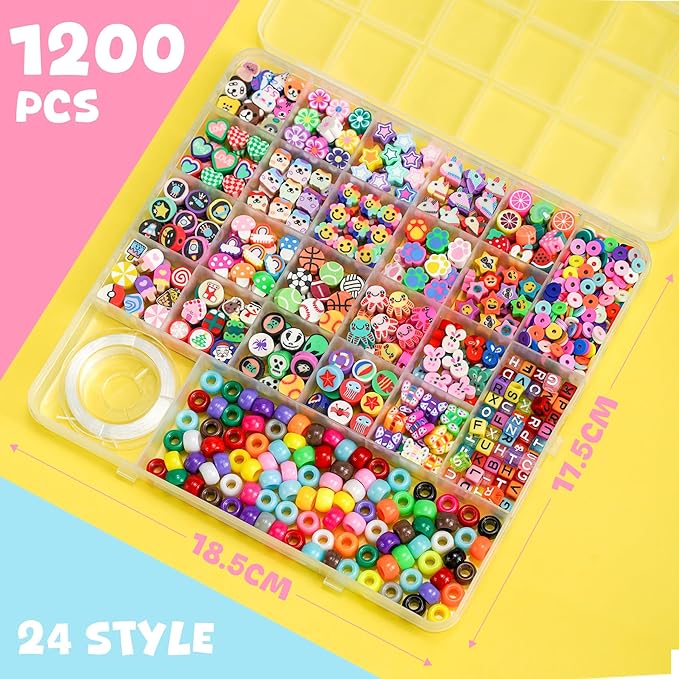 Gionlion 1200 Pcs Polymer Clay Beads Bracelet Making Kit Easter Basket Stuffers, 25 Style Animal Fruit Flower Butterfly Bunny Pony Letter Beads Charms for Jewelry Making, DIY Art and Crafts Toys Gifts
