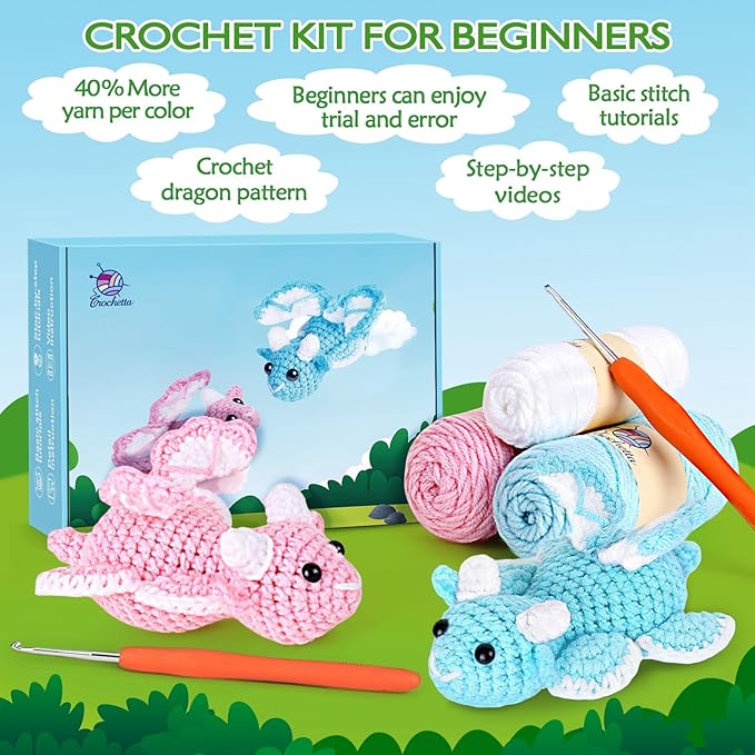 Crochet Kit for Beginners, Beginner Crochet Kit for Adults with Step-by-Step Video Tutorials, DIY Crochet Animal Kits Knitting Supplies, 2 Pack Dragon (40%+ Yarn)