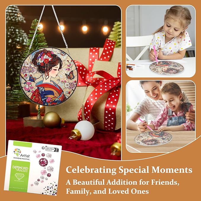 Lxmsja DIY Stained Glass Japanese Diamond Painting Hanging Ornament, Double-Sided Acrylic Geisha Kimono Diamond Art Kit, Special Shaped Suncatcher Hanging Pendant Window Art Kit