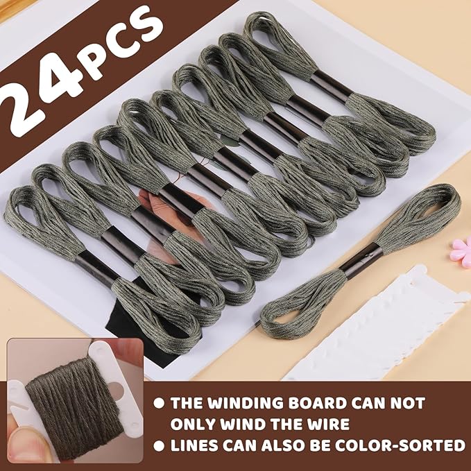 24 Skeins Embroidery Thread,Gray Embroidery Cross Floss, Embroidery Thread Floss Set with Plastic Floss Bobbins,Needle Threader, Hand Sewing Needle