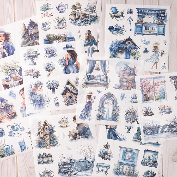 Garden Junk Journal Stickers, 50 Sheets Washi Journaling Sticker Book, Scrapbook Supplies, Watercolor Scrapbooking for Adults, Blue Decorative Ephemera Arts Craft