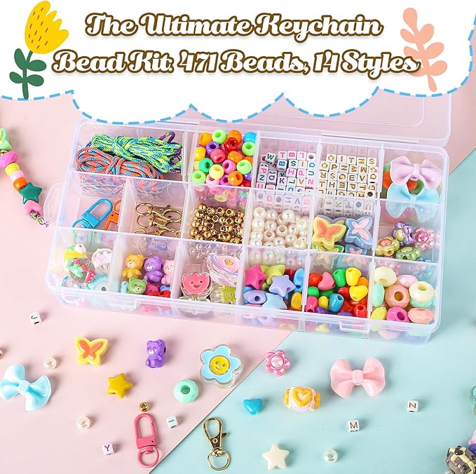 Ecoofor 487 PCS Beaded Keychain Making Kit, Acrylic Letter Beads with Heart, Star & Flower Charms for DIY Jewelry, Bag Accessories & Crafts for Women