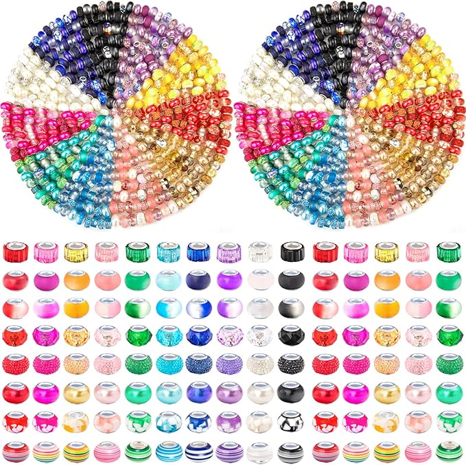 520 Pcs Large Hole Spacer Beads Assortment European Craft Beads Large Hole Colorful Rhinestone Lampwork Big Beads Fairy Garden Bead for DIY Pens Bracelet Necklace Keychain Jewelry Making Supplies