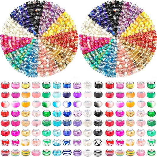 520 Pcs Large Hole Spacer Beads Assortment European Craft Beads Large Hole Colorful Rhinestone Lampwork Big Beads Fairy Garden Bead for DIY Pens Bracelet Necklace Keychain Jewelry Making Supplies