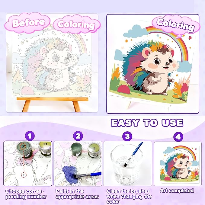 Gemozaic Hedgehog Paint by Numbers Kit for Kids with Frame and Easel, Paint by Numbers for Kids Ages 8-12, DIY Acrylic Oil Painting for Home Wall Decor, 8x8 Inch