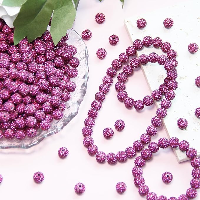 200 Pcs 10mm Rhinestone Beads for Jewelry Making, Rose Red Shiny Round Shamballa Disco Baseball Necklace Beads Sparkle Crystal Clay Pave Rhinestones Bead for DIY Bracelet Earring Craft Making Supplies