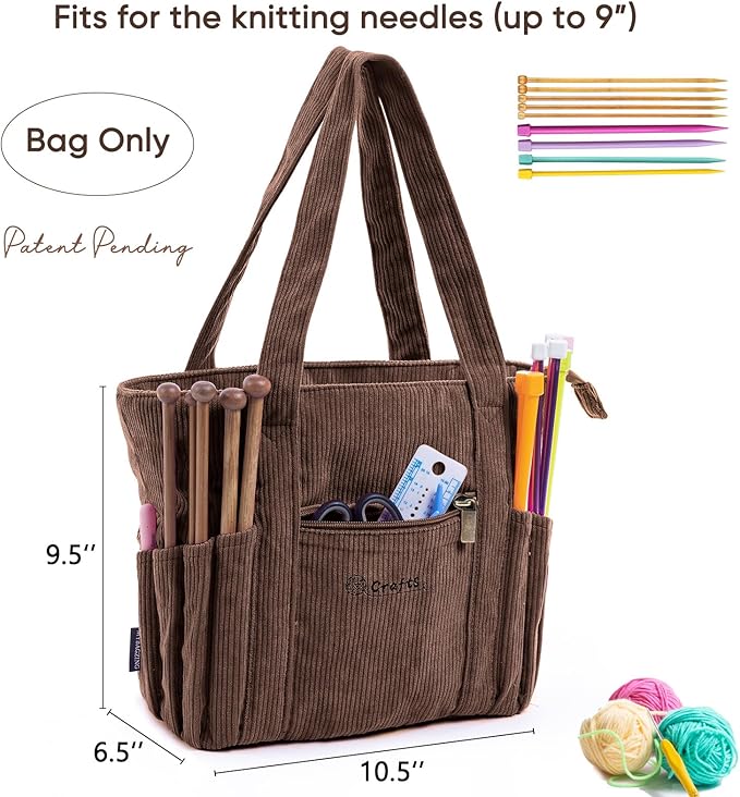 Crochet Bag and Tote - Corduroy Yarn Bag - Yarn Holder for Crocheting - Crochet Storage Bag for Crochet Hooks, Crochet Accessories, Knitting Bag for Crochet Lovers, Mother's Day Gift