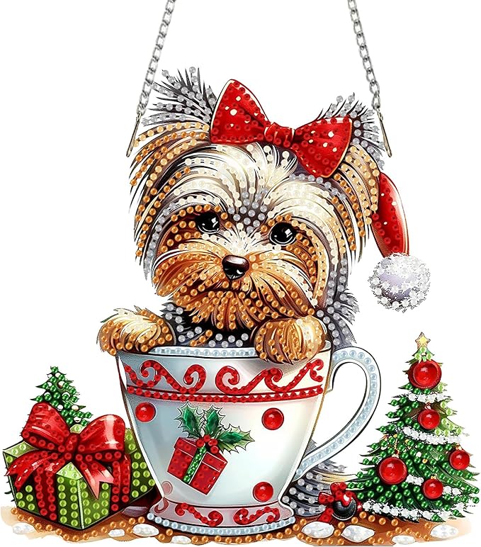 SENQAO Christmas Diamond Art Hanging Kits for Adults Kids, Golden Retriever Diamond Art Suncatchers, 5D Special Shape Diamond Painting Pendant Window Ornament Gifts for Home Door Wall Decor