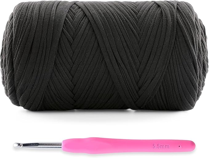 Soft T-Shirt Yarn for Crochet, T Shirt Yarns for Crocheting Crafts, Bags, Basket, Coaster, Tshirt Yarns - 400 g/130 yds with 1 Crochet Hook (1, Black)